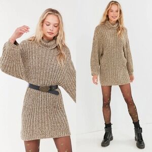 Urban Outfitters Jill Turtleneck Sweater Mini Dress Size M Green Tan Balloon Slv